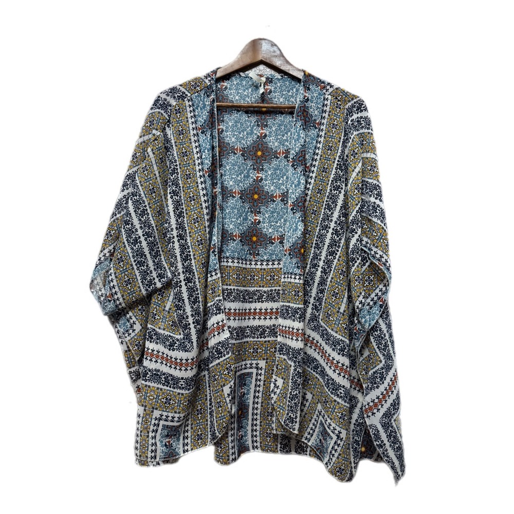 Live 4 Truth Kimono Women 2X Blue Yellow Excellent Patchwork Tile Print Boho